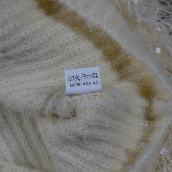 Golden Days cream knit crew neck sweater lace shoulder textured bishop sleeve S - Picture 15 of 16